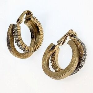 Vintage PANETTA Earrings Double Semicircle Huggies Rhinestone Gold Tone Clip On